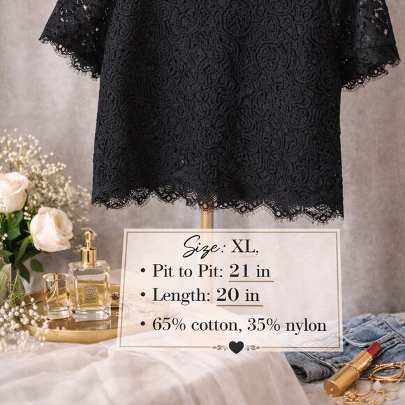 Adiva Black Lace Top XL Scalloped Hem Floral Lace Short Sleeve Blouse - Picture 2 of 7